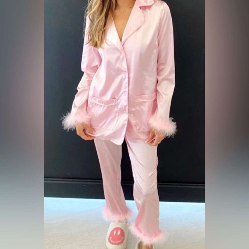 Trendy Boutique Blush Satin Pajama Set with Feather Cuffs